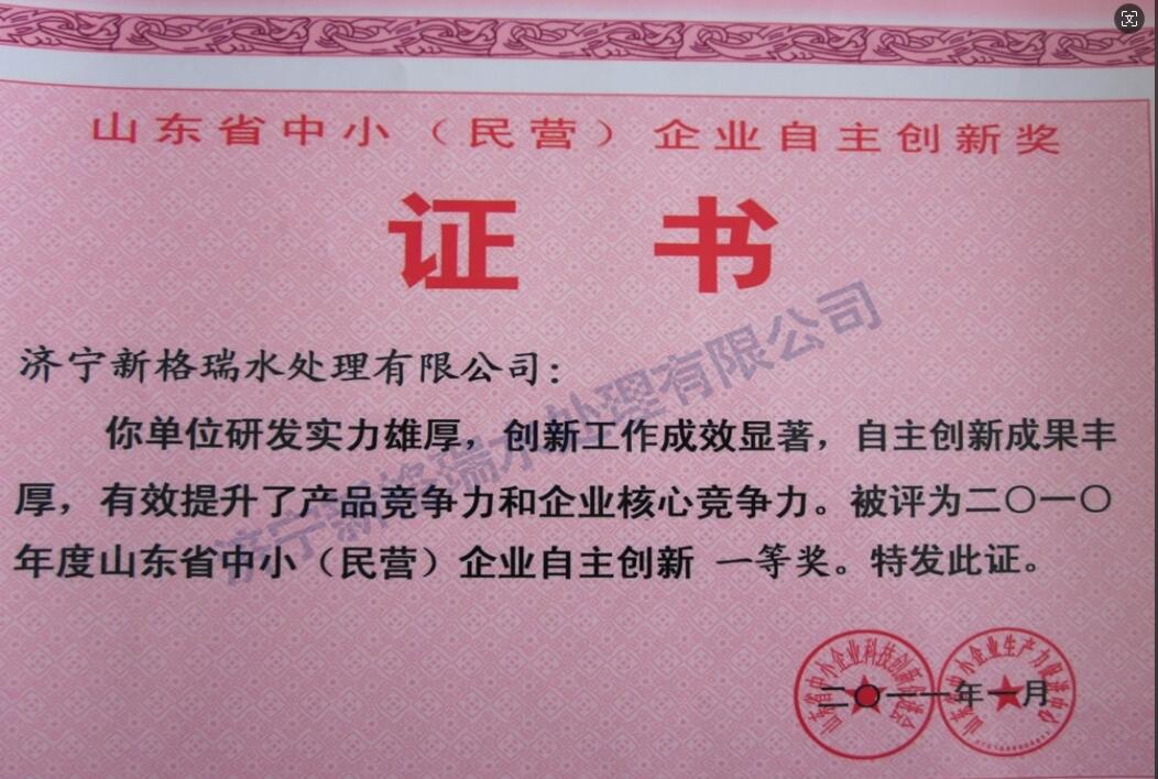 山東省中?。駹I(yíng)）企業(yè)自主創(chuàng)新一等獎(jiǎng)
